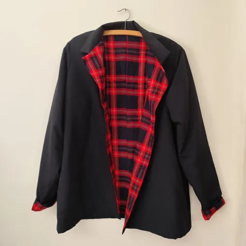 Casaco Vintage Tergal Preto - Forro Total Flanela Xadrez