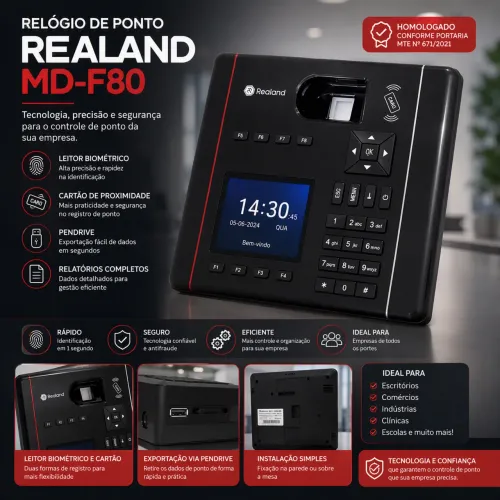 RELÓGIO DE PONTO BIOMÉTRICO REALAND MD-F80