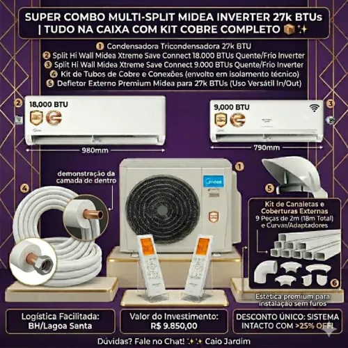 [NOVO] Infra Completa Ar-Condicionado Midea Multi-Split Hi-Wall Inverter 27.000