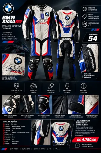 Macacão BMW Motorrad S1000RR Tricolor Couro CE Novo Tam 54