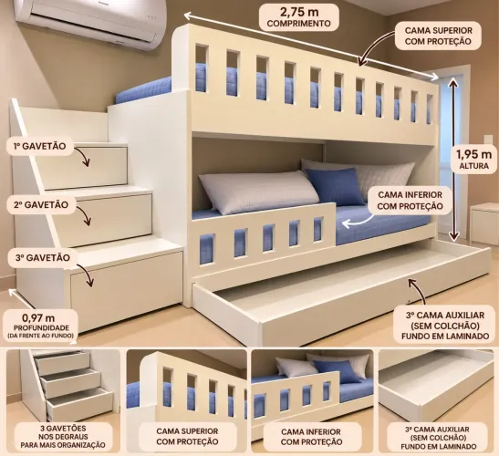 Treliche 3 Camas com Escada de 3 Gavetões
