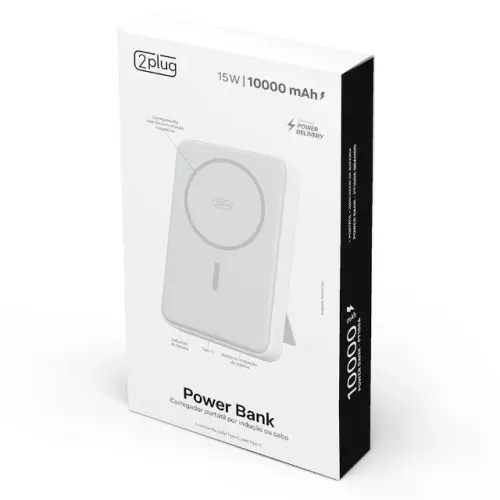 CARREGADOR PORTÁTIL 2PLUG PT100A DE 10.000mAh COM INDUÇÃO MAGNÉTICA E CONEXÃO USB-C