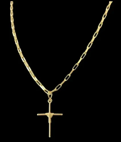 Cordão De Ouro 18k Cadeado Alongada + Pingente Cruz 9.3g
