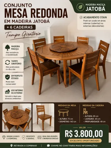 Conjunto de Mesa redonda com 6 cadeiras de madeira