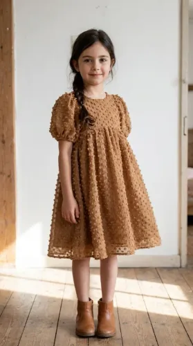 Vestido Infantil Noralee Caramelo com Pompons Texturizados (Importado)