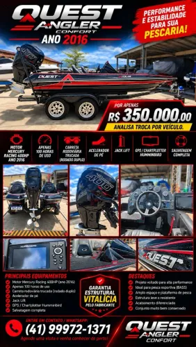 QUEST ANGLER CONFORT - BASS BOAT MERCURY 400HP com APENAS 100h. IMPECÁVEL !!!