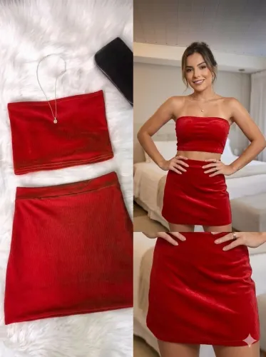 CONJUNTO SAIA TOP CROPPED FEMININO TOMARA QUE CAIA SAIA CURTA SUPLEX CORES