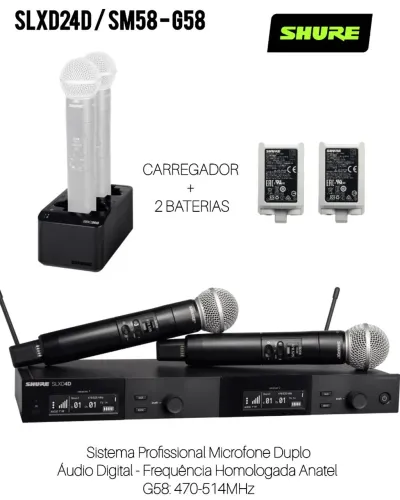 kit completo Microfone Duplo Sem Fio SHURE SLXD24D/SM58 + Carregador Duplo com 2 Baterias 