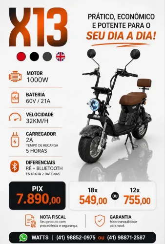 Scooter Elétrica X13 - 1000w - Nova 2026