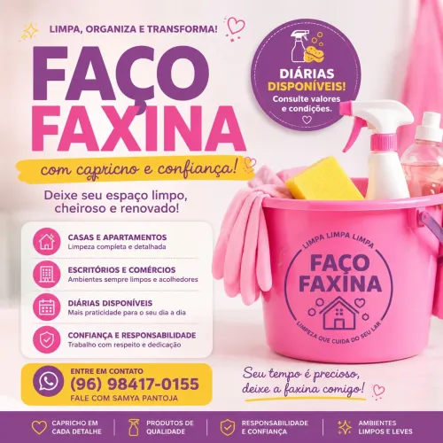 Faço diárias, faxinas completas, organização de ambientes e outros serviços domésticos