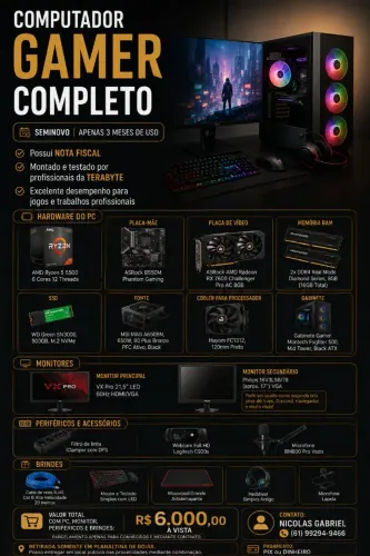 PC Gamer Completo Ryzen 5 5500 RX 7600 + 2 Monitores + Webcam + Microfone