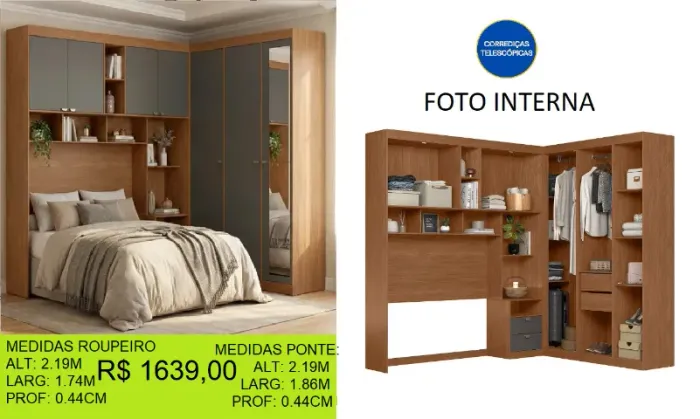 Roupeiro de canto em L Com espelho 