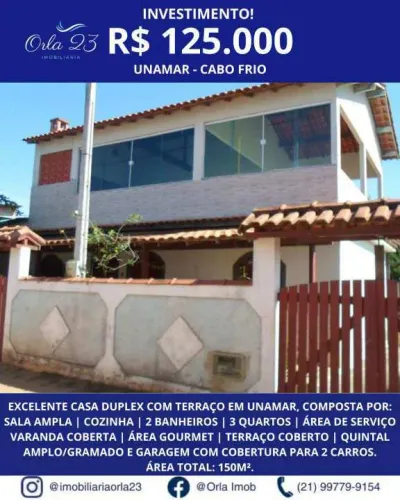 UNAMAR, ORLA 23 IMOBILIÁRIA VENDE! LINDA CASA DUPLEX COM 3 QUARTOS EM CABO FRIO