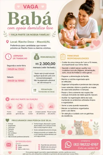 VAGA - BABÁ COM APOIO DOMÉSTICO LEVE