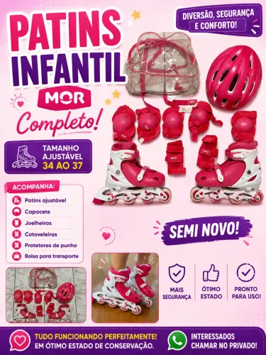 Patins Infantil Mor Completo com Capacete e Kit de Proteção