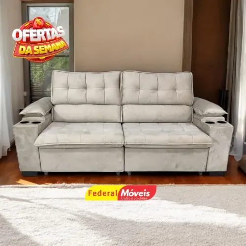 Sofá 2,25m Retrátil e Reclinável Veludo c/ Porta Copos - Promoção!