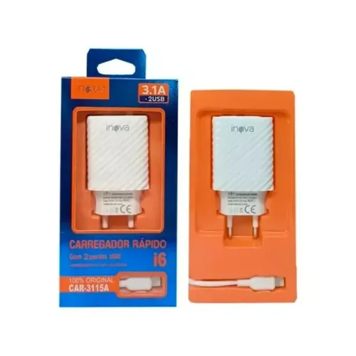Carregador Rápido Inova 2 portas USB 3.1A Bivolt com cabo iPhone Lightning + cabo USB-C
