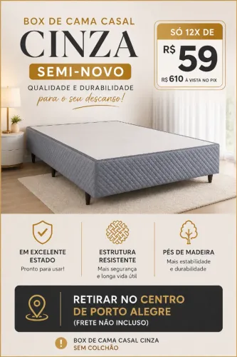 BOX DE CAMA CASAL CINZA EM MATELACÊ E PÉS EM MADEIRA