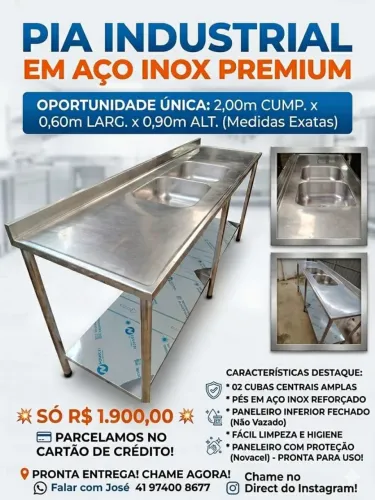 Pia Inox com 2 cubas 1,90x60 com paneleiro