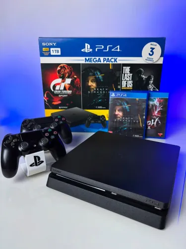 PS4 slim 1 TB com caixa e 2 controles - Jogos exclusivos incluso