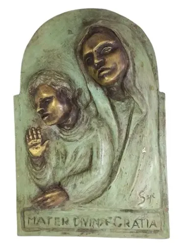 Escultura - Mater Divina Cratia - Placa em bronze da Virgem Maria e o Menino Jesus