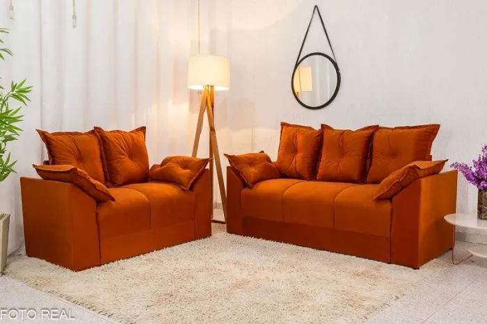 Conjunto Sofá 2 e 3 Lugares Veludo Terracota