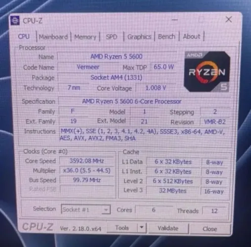 Ryzen 5600 AM4 - 6 Núcleos 12 Threads - Semi-novo - 750,0
