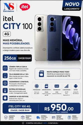 Smartphone itel City 100 128GB 256GB 4GB RAM 4G Dual Chip ANATEL Original