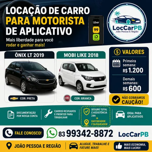 Aluguel de Carro para Aplicativo (Uber/99) a partir de R$ 600 por Semana