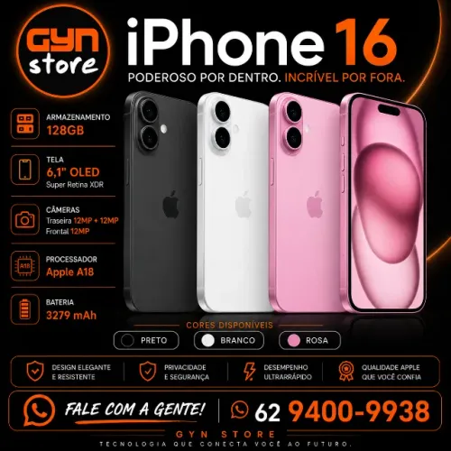 R$3799,90 Apple iPhone 16 6,1" 128GB 5G Varias Cores Novo NF 1 Ano Garantia