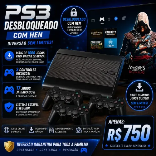 PS3 DESBLOQUEADO + MAIS DE 2000 JOGOS  + 17 JOGOS BAIXADOS + 3 CONTOLES  + CARREGADOR 