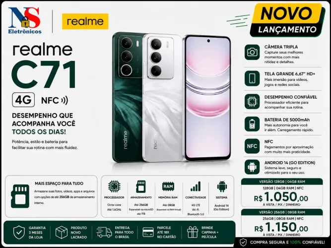 Realme C71 4G NFC 128/04 $1050,00 e 256/08 R$1150,00