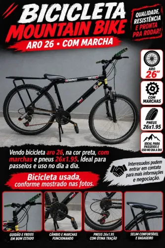 Bicicleta Mountain Bike preta Aro 26 com Marchas