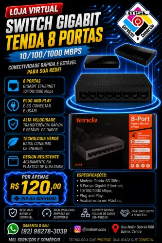 Switch Gigabit Tenda 8 Portas 10/100/1000 Mbps - Alta Velocidade e Desempenho Estável!