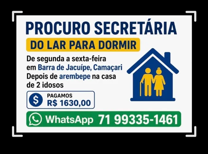 Vaga Ajudante do lar, ficar de segunda a sábado 08hs, auxiliar idosa, pago R$1630,00
