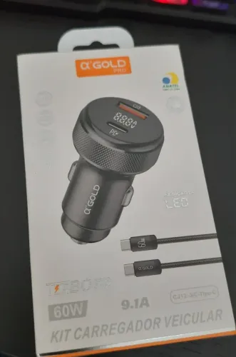 Carregador Veicular Turbo 60W O?Gold Pro USB + Tipo-C com Cabo USB-C 60W