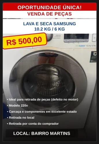 Lava e Seca Samsung 10.2kg (Para retirada de peças) - 220v