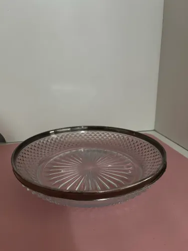 prato de cristal com detalhes em inox usado antiquario