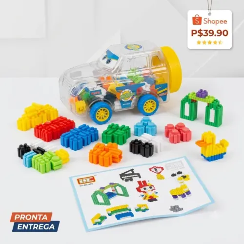 Kit Blocos de Montar Infantil com Carrinho Coletor - Colorido - Brinquedo Educativo