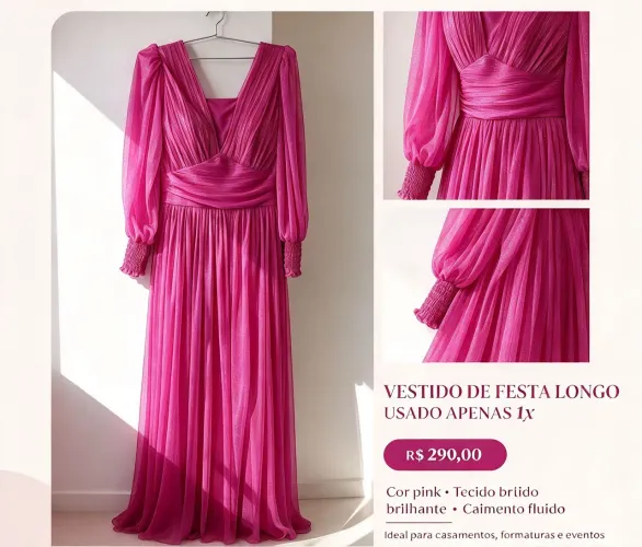 Vestido Longo de festa pink - Usado 1x - R$290,00