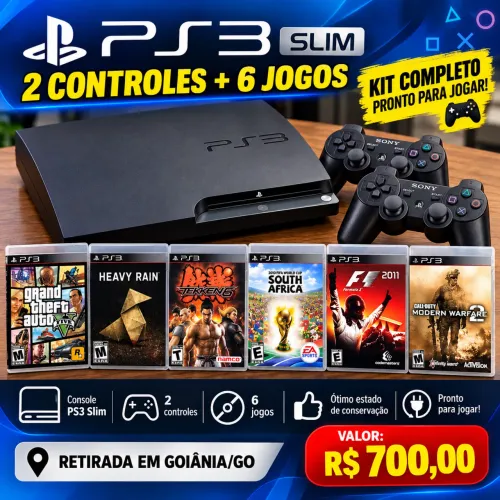 PS3 slim + 2 controles + 6 jogos