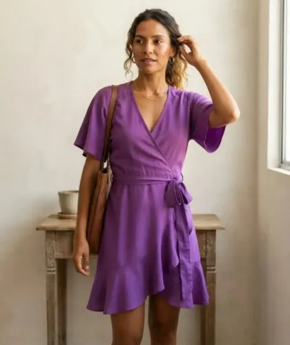 Vestido Envelope Violeta Em Viscose. Tamanho M
