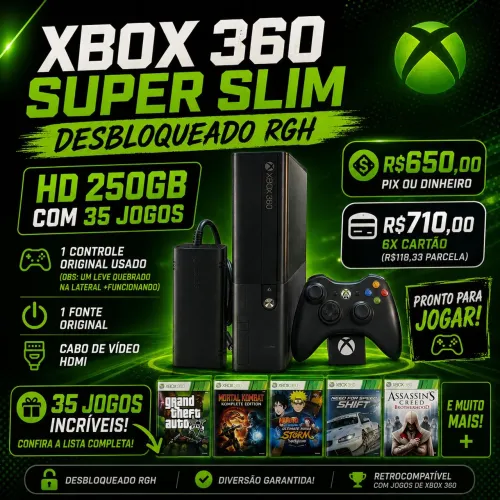 Xbox 360 super slim Desbloqueado RGH + 35 jogos