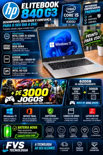 Notebook hp elitebook 840 g3, core i5, 8gb, 620gb (nvme m2 e hd), 3000 jogos incluidos