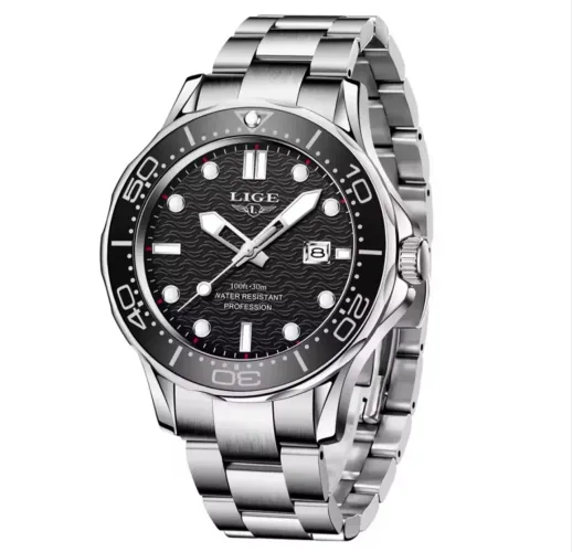 Relógio Clássico LIGE Aço Inox Black Texturizado Diver Homage Style Pulseira Prata Aço 