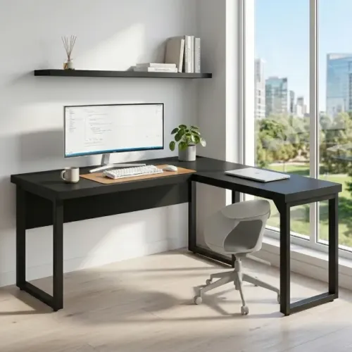 Mesa em L Pé Quadro Ampla Estação Dupla Preto Fosco Profissional 26011