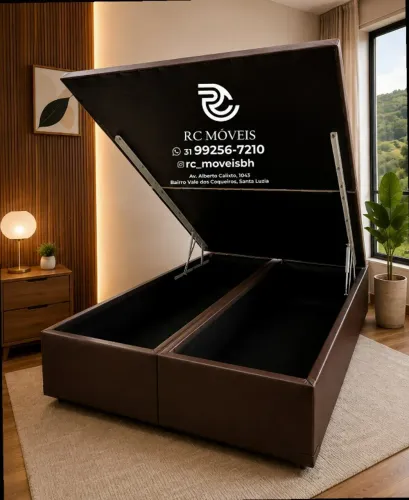 Cama box estruturada Baú Tamanho casal 1.38x1.88 Bipartido Blindado com Pistão a Gás