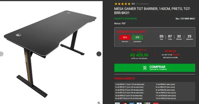 Mesa Gamer TGT Barrier 140cm Preta - Ótimo Estado
