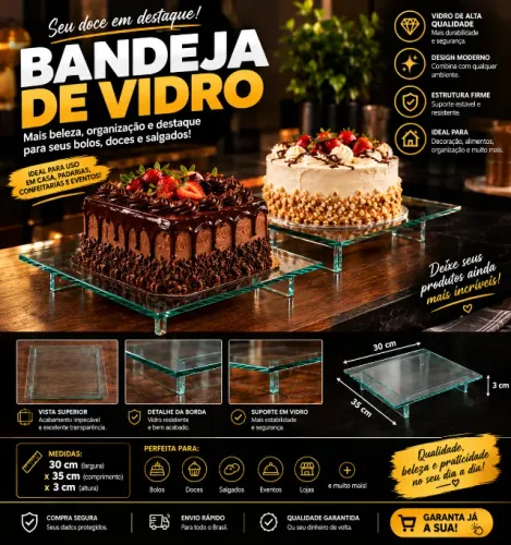 Bandeja de Vidro 30x35cm para Bolo, Doces e Salgados