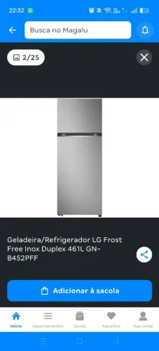Geladeira/Refrigerador LG Frost Free Inox Duplex 461L GN-B452PFF